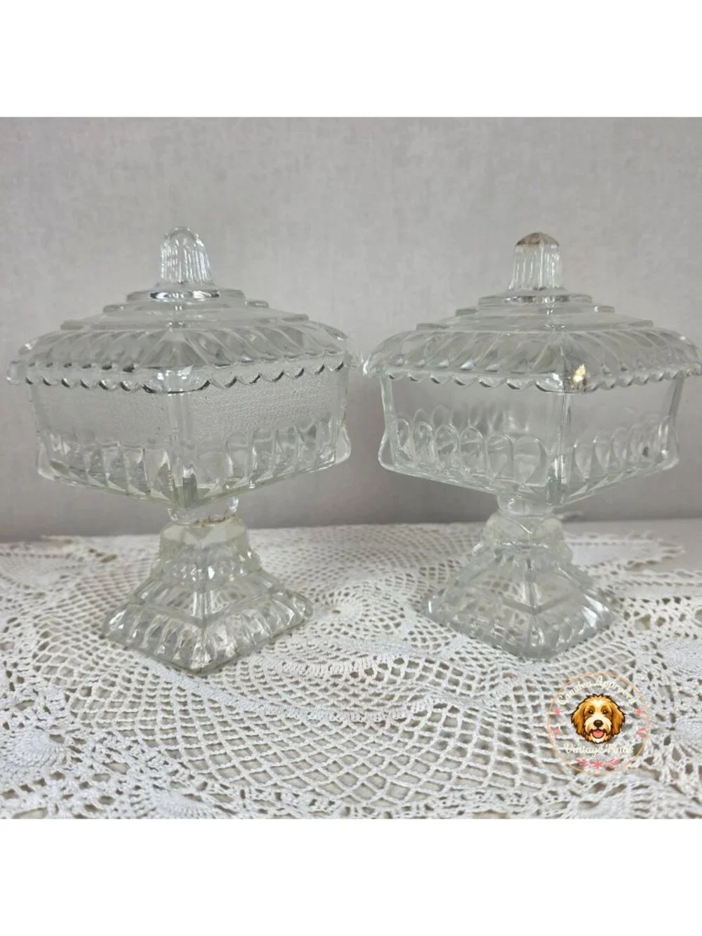 Vintage Clear Glass Pedestal Candy Dish Set of 2 Lidded Compote Pressed Glass Tr - Picture 1 of 11